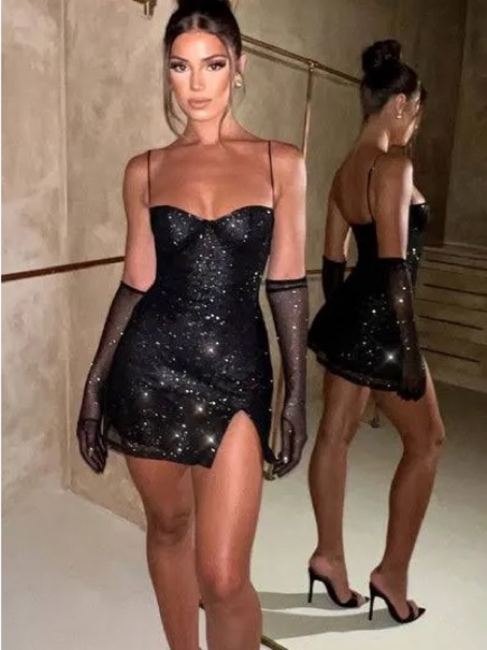 Black Sparkle Mini Dress without Arm Gloves